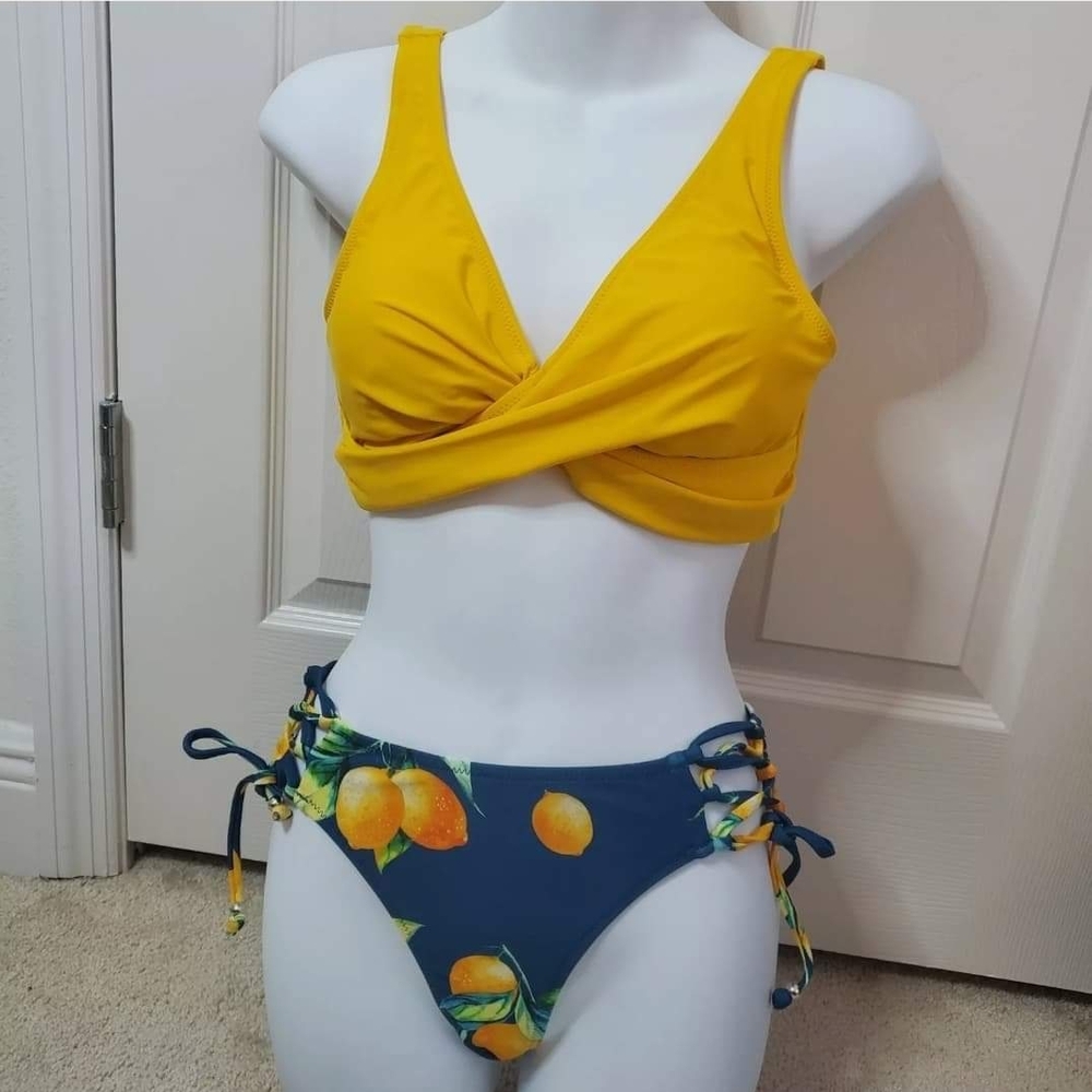 Yellow Cross-Front Bikini Top and Floral Bottoms - Picture 2 of 9